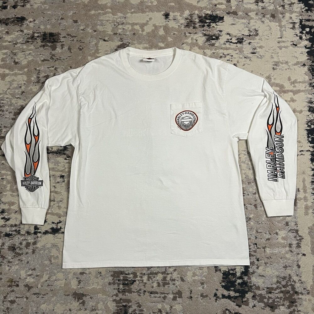 Harley Davidson 2014 T Shirt XL White Long Sleeve Hit Flames Biker Mankato MN